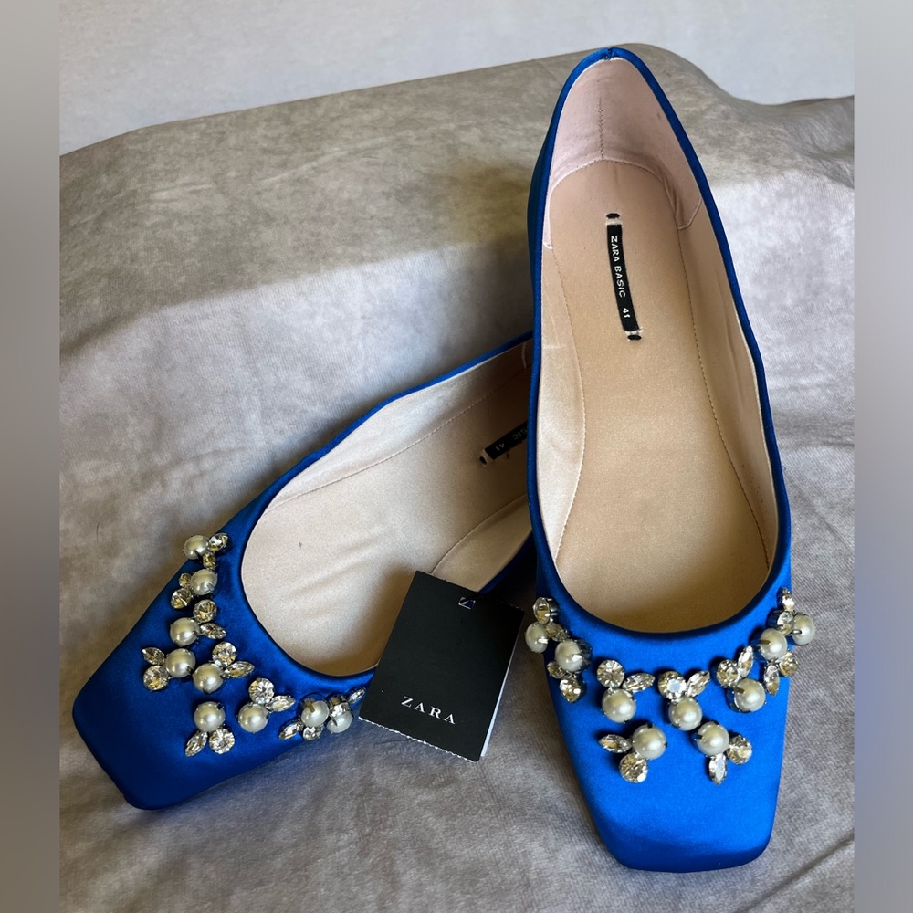 ZARA Blue Satin Embellished Flats Size 41 (US 10) NWT